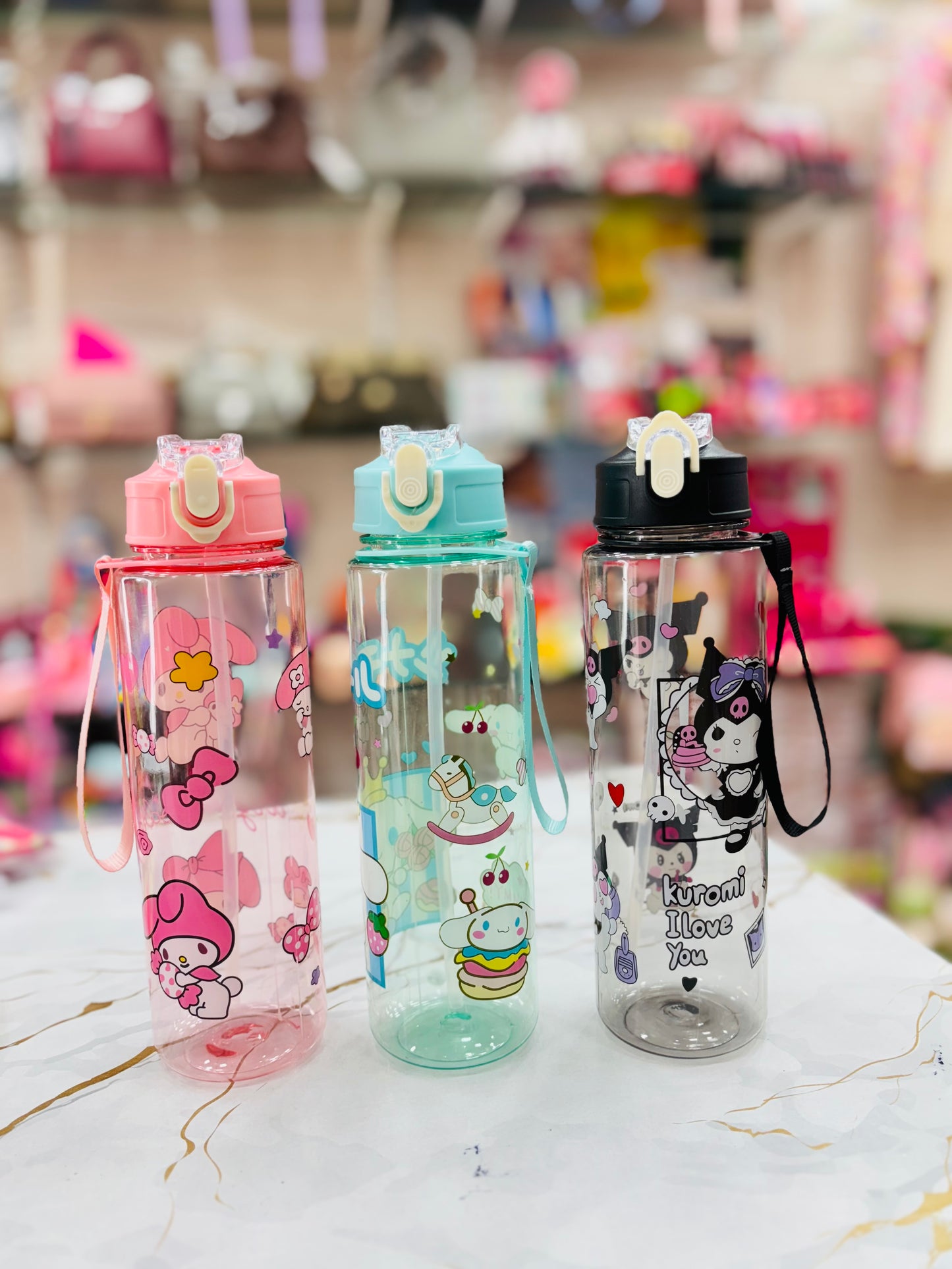 Cute Water Sipper Bottle with Flip Lid and Strap – 3 Colors