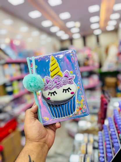 Unicorn Cupcake 3D Diary with Furry Pom-Pom – Lined Notebook for Girls